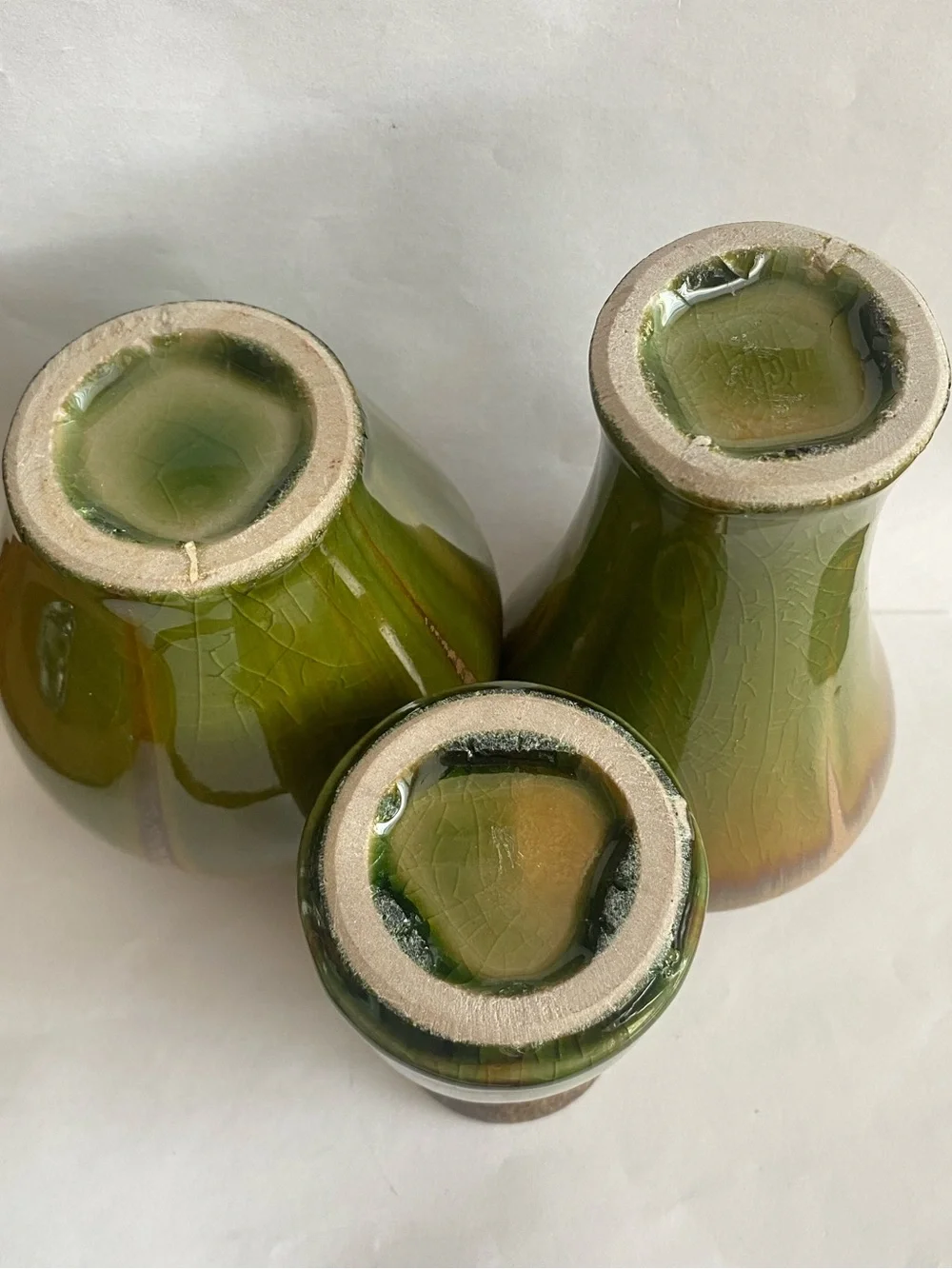 Vtg Hosley Art Pottery 3-piece Decorative Vase Set Glossy Earth Tone Drip Glaze